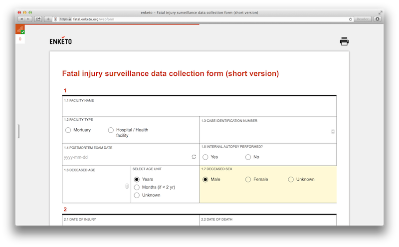 Screenshot of WHO Fatal Injury form using Grid Theme
